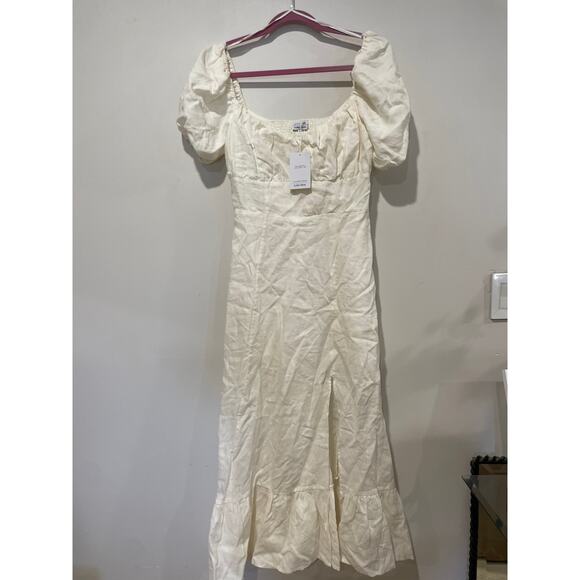 NWT & Other Stories Linen Puff Sleeve Midi Dress With Split White Dusty Womens 4 - Picture 2 of 8